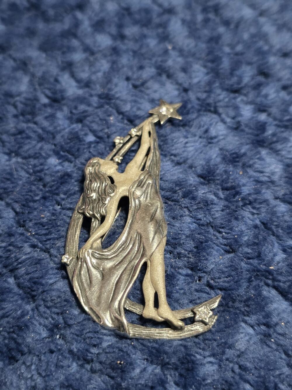 Vintage JJ Jonette Pewter Celestial Goddess Reaching For Stars Moon Brooch Pin